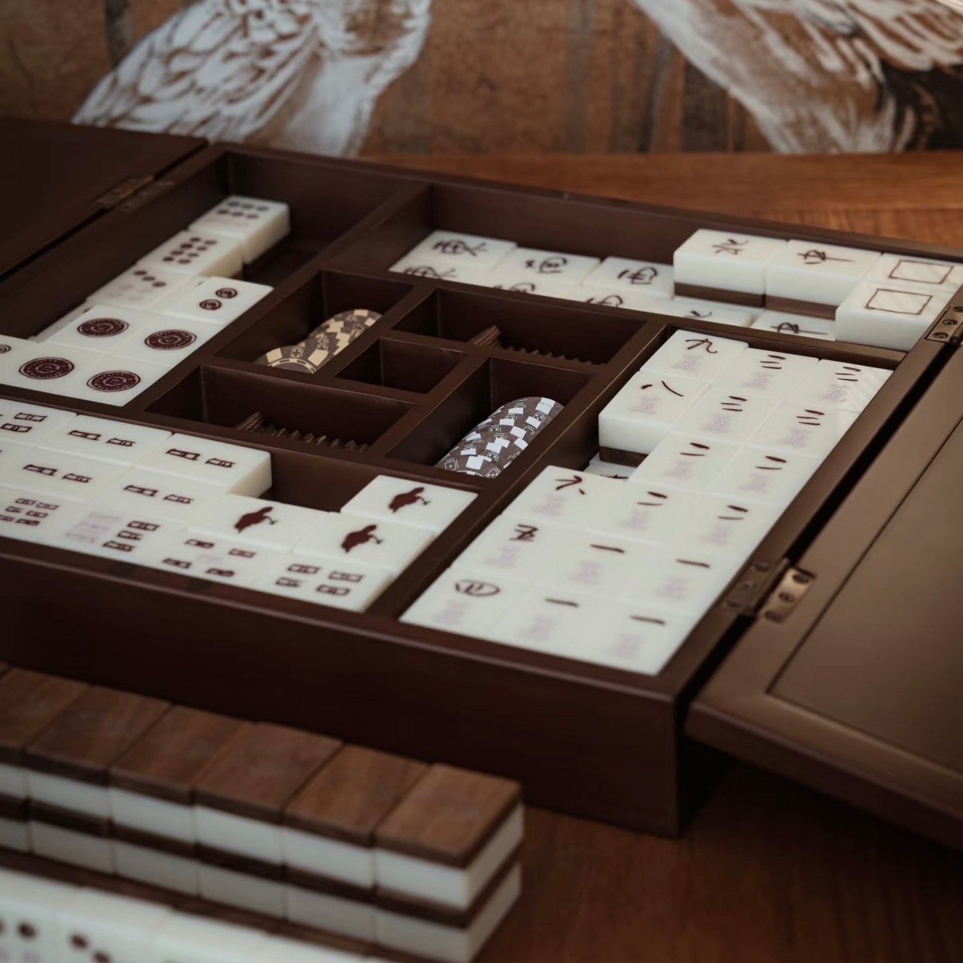 Luxury Mahjong Set Complete 144 Tiles, Carved Wood Storage Box Hand Painted Chinese Game Set | by Disco Marshmallow