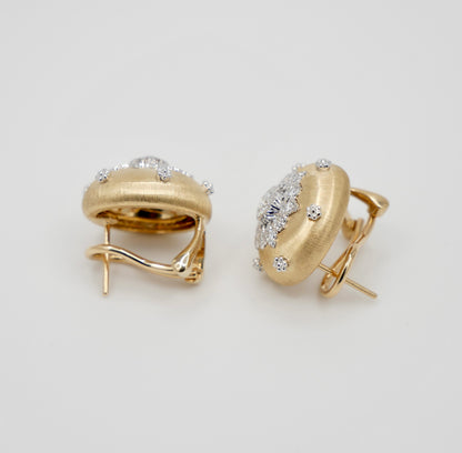 Round Engraved Gold Button Silk Diamond Earrings, 18K Gold, view 4