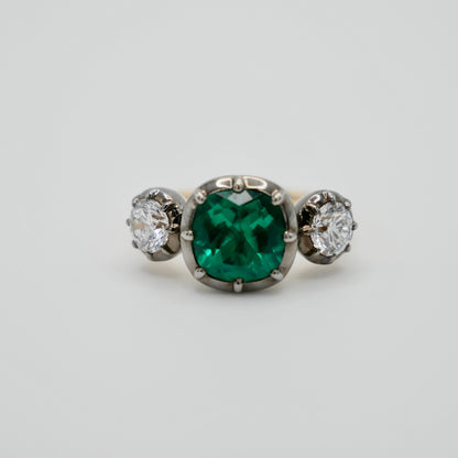 Cushion Emerald and Lab Diamond Georgian Victorian Collet Button Back Trilogy Ring