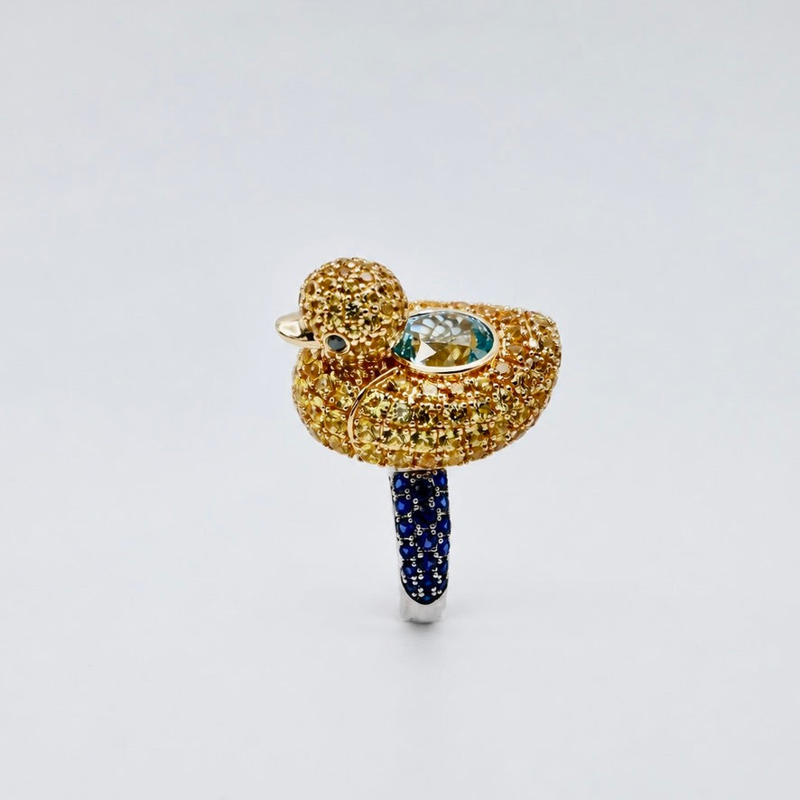 Aquamarine with Blue Sapphires Duckie Ring, 18K Gold