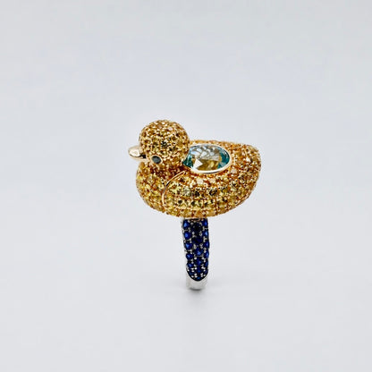 Aquamarine with Blue Sapphires Duckie Ring, 18K Gold