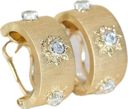 Engraved Fabric Silk Diamond Huggies or Hoop Earrings, 18K Gold, view 2