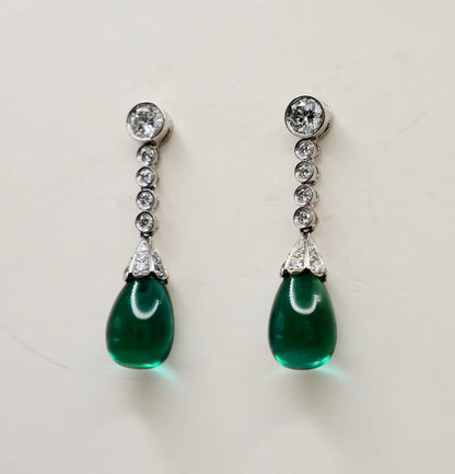 Platinum Drop Earrings with Tear Drop Lab Emeralds & Lab Diamond or Moissanites, view 3