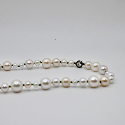 Graduated Freshwater Pearl Necklace with Georgian Set Lab Diamond on Silk Cord, view 3