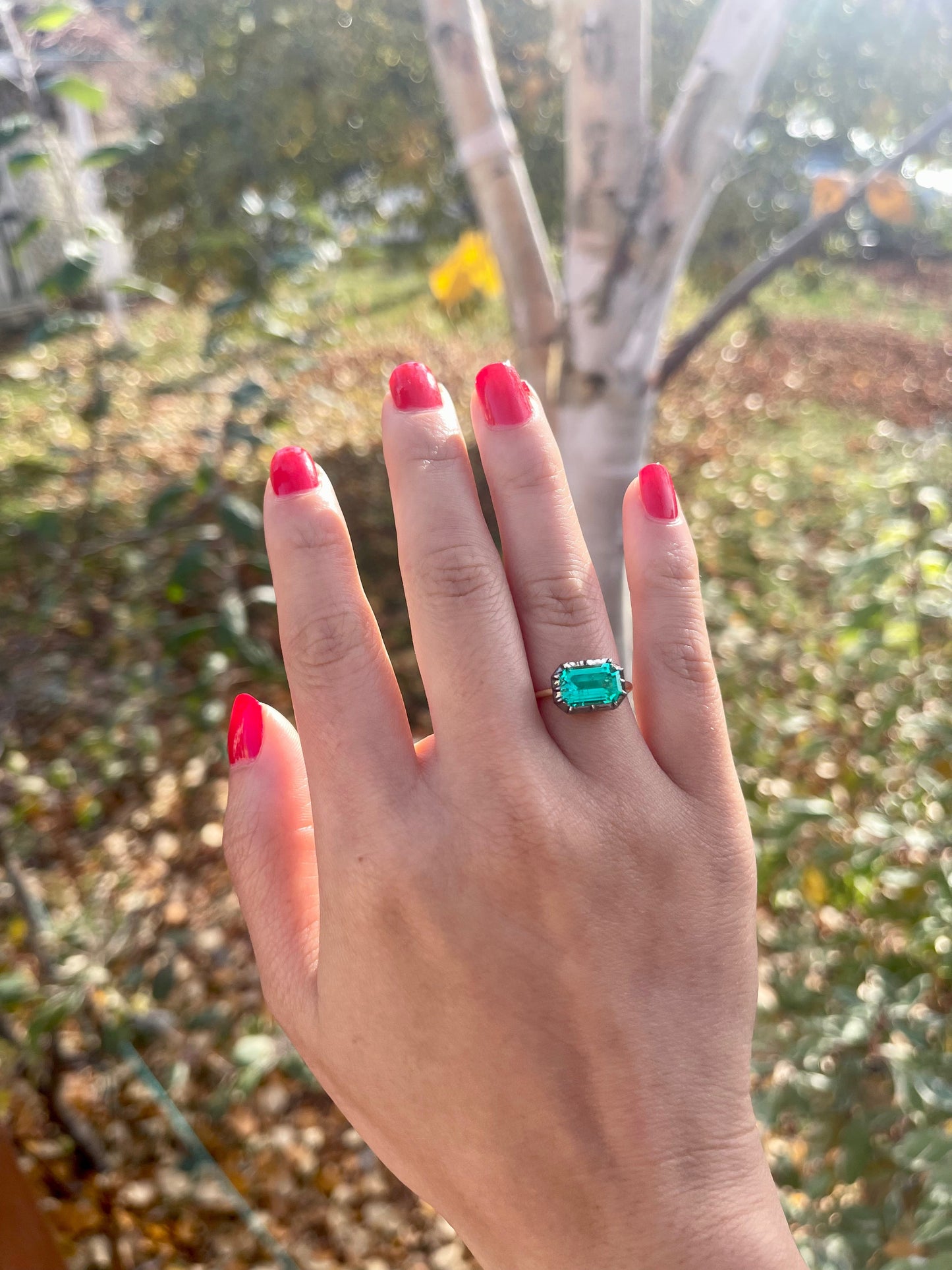 Georgian Victorian Emerald Cut Emerald Button Back Collet Ring, view 10