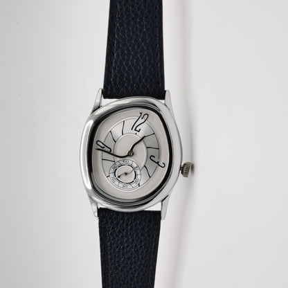 Men's Gold and Navy Leather Strap Barrel Vintage Inspired Watch, view 5