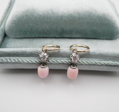 Hoop Earrings with Round Lab Diamonds and Conch Pearls, view 7