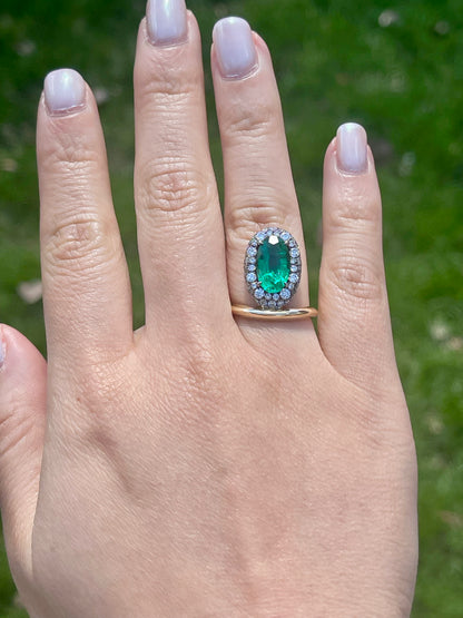 Oval Columbian Emerald Donut Ring with Pave Lab Diamonds, 18K Gold, view 7