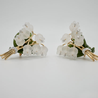 Rock Crystal, Diamond, Nephrite and Lily of the Valley Earrings, Antique Inspired, 18K Gold, view 2