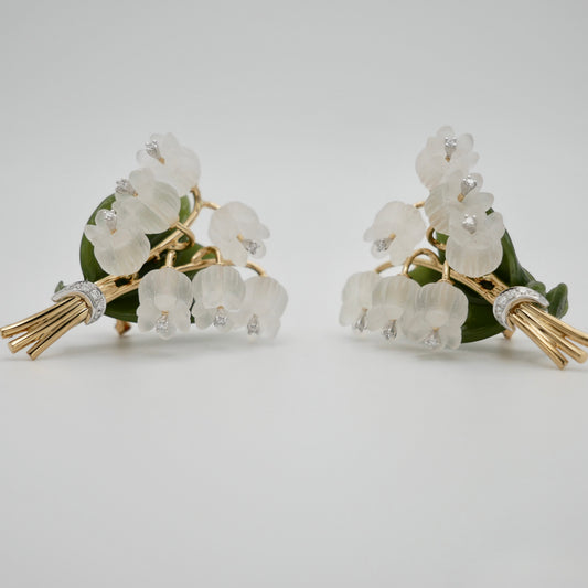 Rock Crystal, Diamond, Nephrite and Lily of the Valley Earrings, Antique Inspired, 18K Gold, view 2