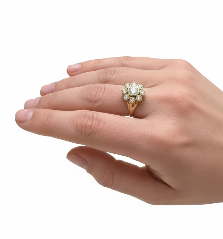 Lab Diamond Cluster Ring in 18K Yellow Gold | 1ct Total Diamond Weight | Bezel Set Engagement Ring | Victorian Style | Jessica McCormack style | Fred Leighton inspired | Zendaya engagement ring style | Zoe Kravitz jewelry | Georgian Victorian antique inspired jewelry | by Disco Marshmallow | Brent Neale style | cluster ring | two stone ring