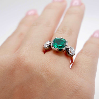 Cushion Emerald and Lab Diamond Georgian Victorian Collet Button Back Trilogy Ring, view 9