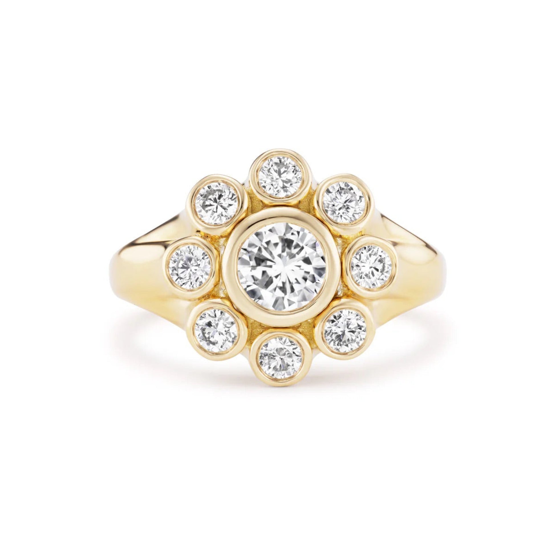 Lab Diamond Cluster Ring in 18K Yellow Gold | 1ct Total Diamond Weight | Bezel Set Engagement Ring | Victorian Style | Jessica McCormack style | Fred Leighton inspired | Zendaya engagement ring style | Zoe Kravitz jewelry | Georgian Victorian antique inspired jewelry | by Disco Marshmallow | Brent Neale style | cluster ring | two stone ring