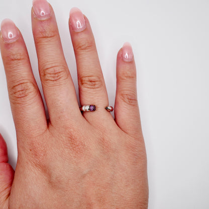 Platinum Pencil Ring With Baguette Moissanites and Pink Lab Rubies, view 7