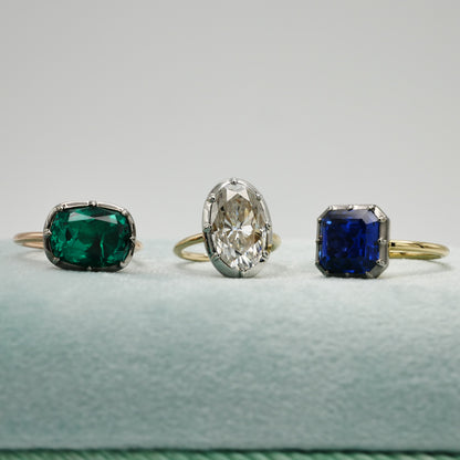 Georgian Victorian Asscher Cut Sapphire Gold Button Back Collet Ring, view 10