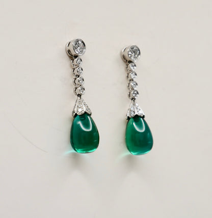 Platinum Drop Earrings with Tear Drop Lab Emeralds & Lab Diamond or Moissanites, view 2