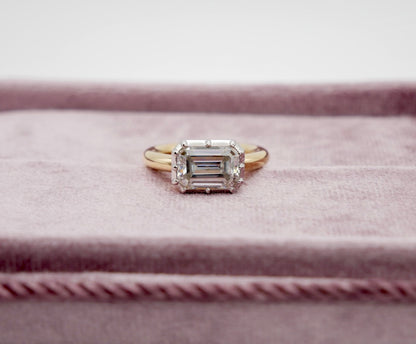 Georgian Victorian Moissanite Platinum and Gold Elongated East West Button Back Collet Ring, view 5