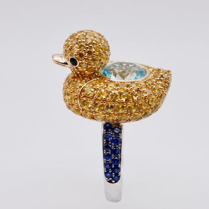 Aquamarine with Blue Sapphires Large Duckie Ring, 18K Gold
