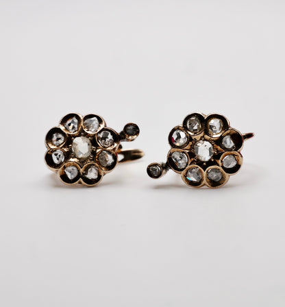 Georgian Victorian Gold Cluster Flower Cut Diamond Lever Earrings, 14K Gold, view 5