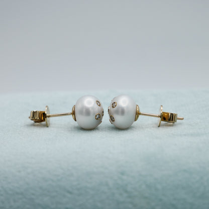 Freshwater Pearl Stud Earrings with Embedded Lab Diamonds in 14K or 18K Gold