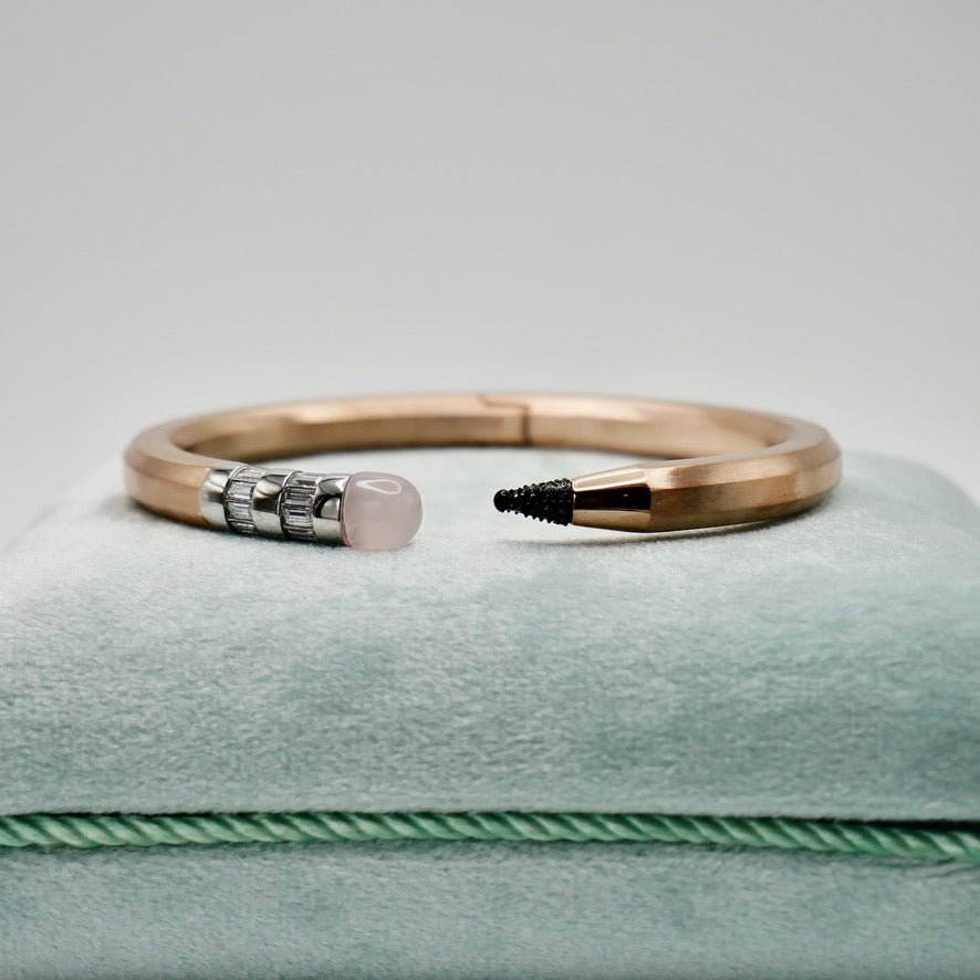 Pencil Bangle with Moissanite and Pink Nephrite, 18K Gold Filled, Ready to Ship