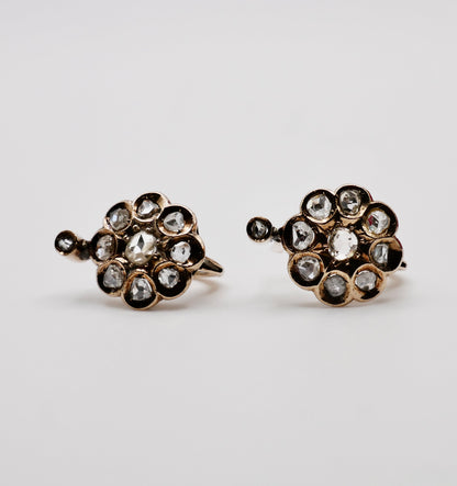 Georgian Victorian Gold Cluster Flower Cut Diamond Lever Earrings, 14K Gold, view 4