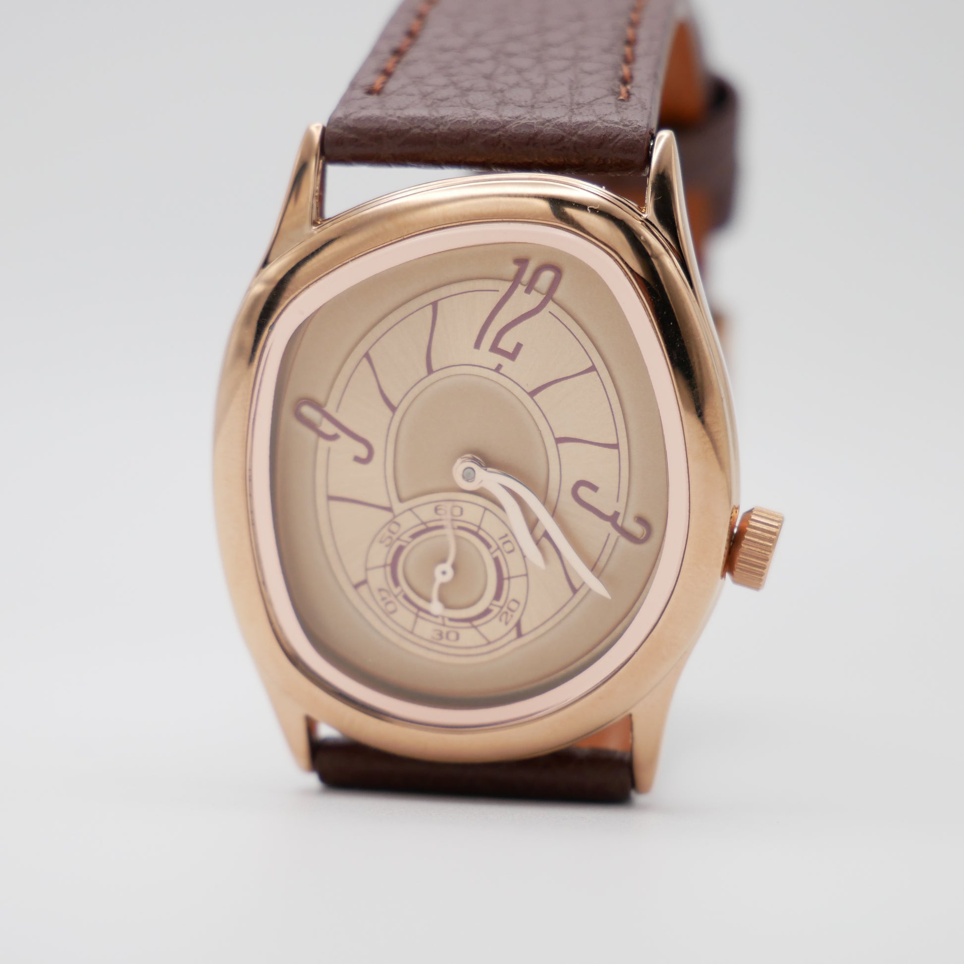 Men's Rose Gold and Brown Leather Strap Barrel Vintage Inspired Watch | by Disco Marshmallow
