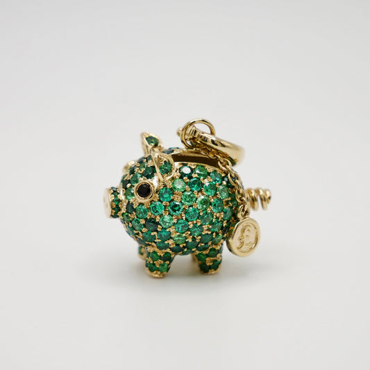 Baby Piggy Bank Charm Pendant in 9K Yellow Gold with Lab Grown Emeralds