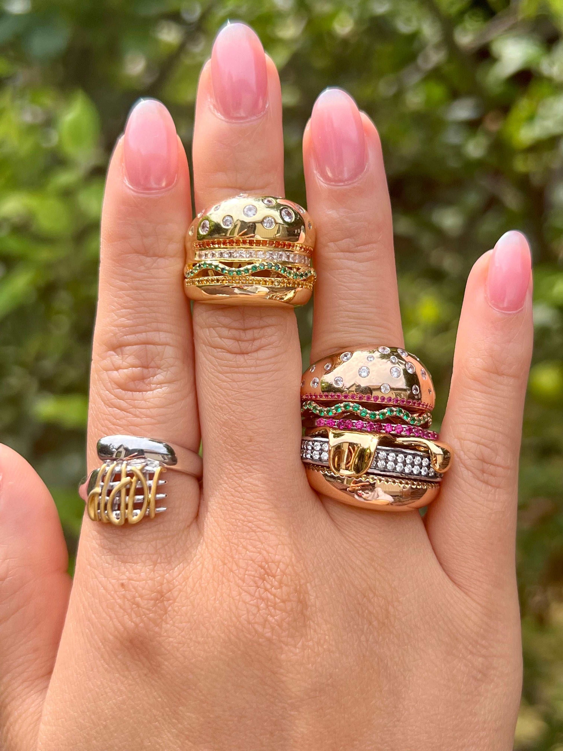 veggie burger ring, hamburger ring, gold filled burger ring, nadine ghosn, drake