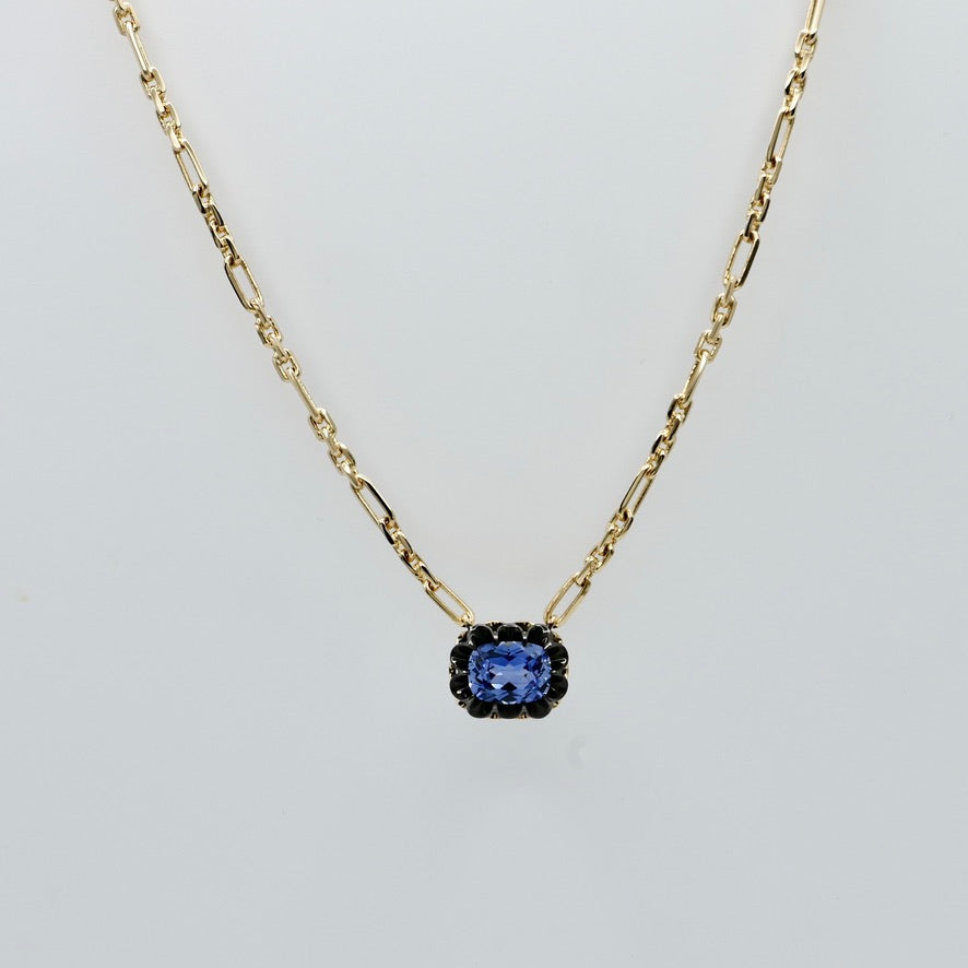 Lab Sapphire Gold Trombone Chain Necklace, 18K Gold