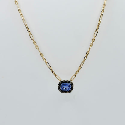 Lab Sapphire Gold Trombone Chain Necklace, 18K Gold