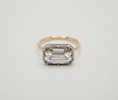 Georgian Victorian Elongated Emerald Cut Moissanite Button Back Collet Ring, view 2