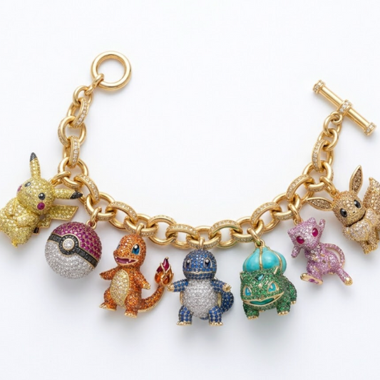 Pokemon Charm Bracelet 3D Pavé Moissanite 18K Gold, Pikachu Charmander Squirtle Bulbasaur Eevee Mew Pokeball Charms, Anime Jewelry Gift