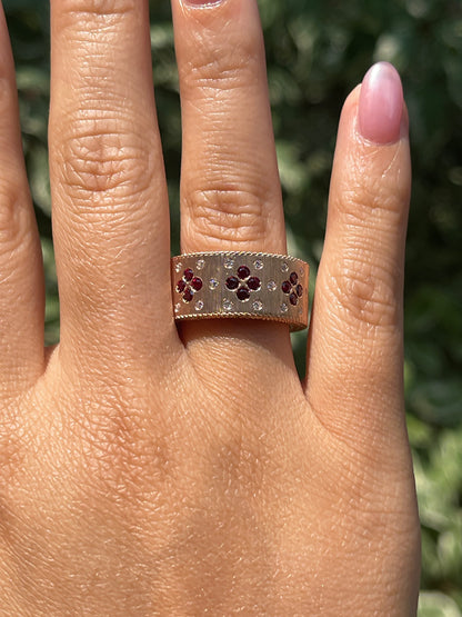 Silk Engraved Ring with Lab Rubies and Moissanites, 14K Gold, view 10