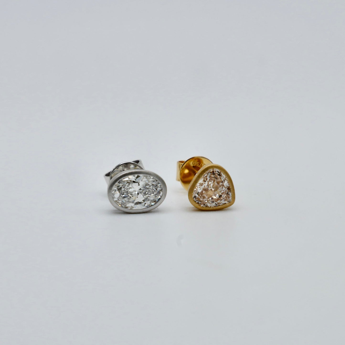 Mismatched Champagne Heart and White Oval Lab Diamond Bezel Studs in 14K or 18K Matte Gold