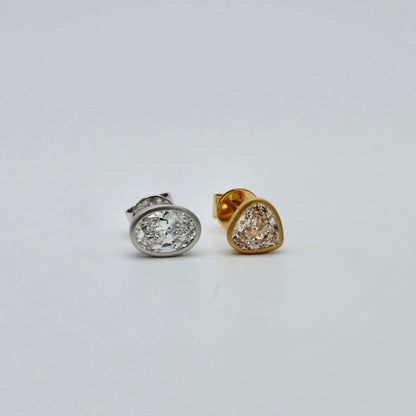 Mismatched Champagne Heart and White Oval Lab Diamond Bezel Studs in 14K or 18K Matte Gold
