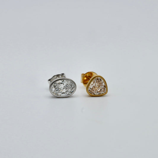Mismatched Champagne Heart and White Oval Lab Diamond Bezel Studs in 14K or 18K Matte Gold