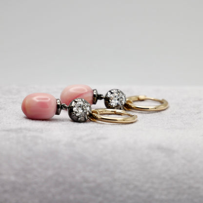 Hoop Earrings with Round Lab Diamonds and Conch Pearls, view 4