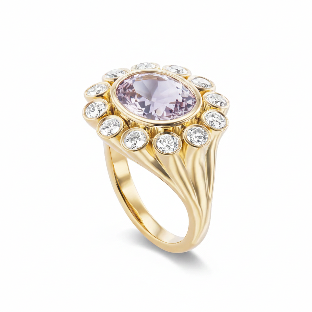 Amethyst Lab Diamond Cluster Ring in 18K Yellow Gold | Bezel Set Engagement Ring | Victorian Style | Jessica McCormack style | Fred Leighton inspired | Zendaya engagement ring style | Zoe Kravitz jewelry | Georgian Victorian antique inspired jewelry | by Disco Marshmallow | Brent Neale style | cluster ring | two stone ring