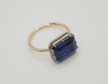 Georgian Victorian Emerald Cut Blue Sapphire Button Back Collet Ring, view 3