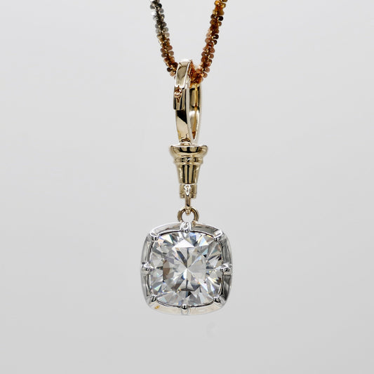 Georgian Victorian Ball Chain 3.5 Ct Cushion Lab Diamond or Moissanite Pendant in White and Yellow Gold