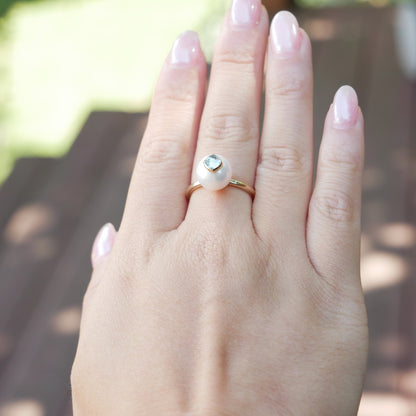Pearl and Aquamarine Ring, 14K Gold, view 7