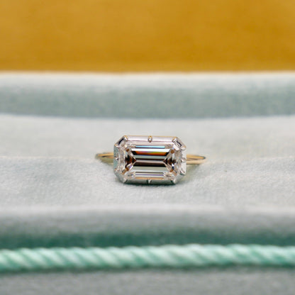 Georgian Victorian Emerald Cut Moissanite Button Back Collet Ring, White Gold