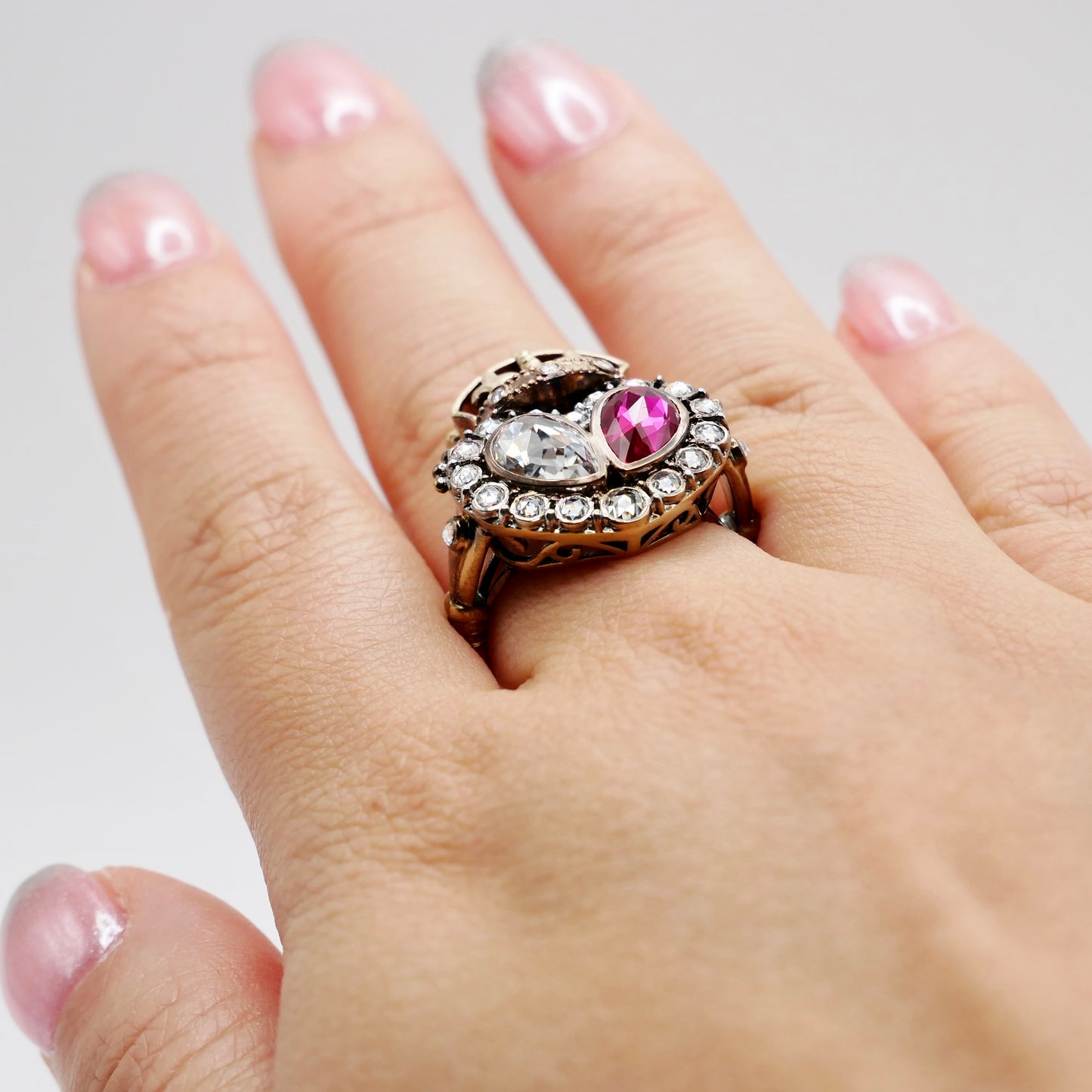 Georgian Crowned Twin Heart Ring with Rose Cut Lab Ruby and Moissanite, view 6