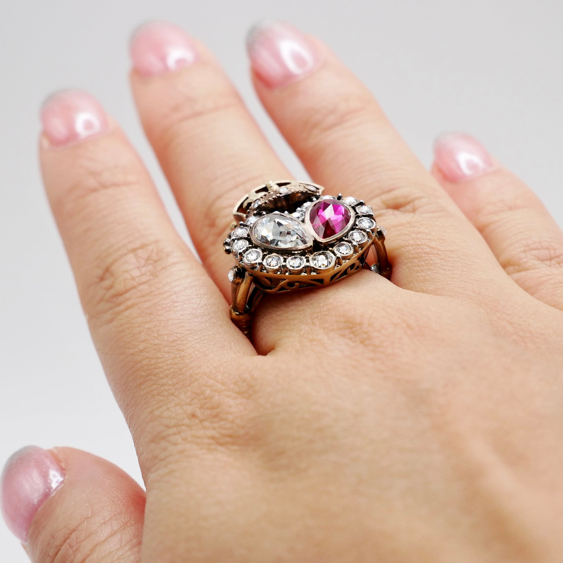 Georgian Crowned Twin Heart Ring with Rose Cut Lab Ruby and Moissanite, view 6