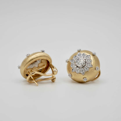 Round Engraved Gold Button Silk Diamond Earrings, 18K Gold, view 3