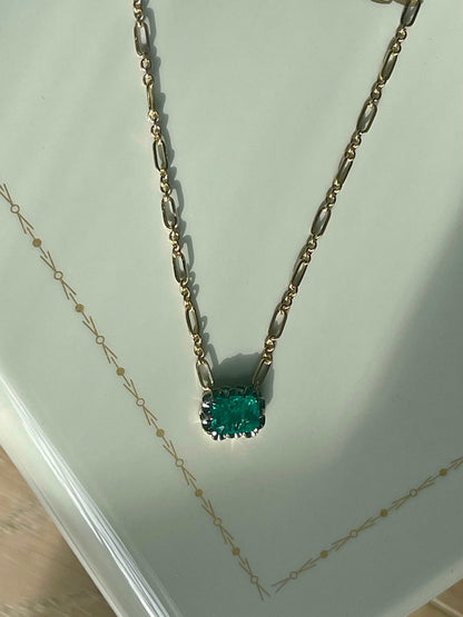 Lab Emerald Gold Trombone Chain Necklace, 18K Gold, view 4