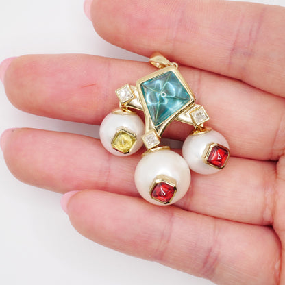 Art Deco Geometric Pearl and Multi-Gemstone Cabochon, 9K Gold, view 3