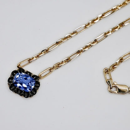 Lab Sapphire Gold Trombone Chain Necklace, 18K Gold