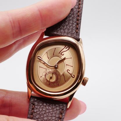 Men's Gold and Brown Leather Strap Barrel Vintage Inspired Watch, view 3